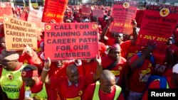 Members of the National Union of Metal Workers of South Africa (NUMSA) protest on the streets of Durban, July 1, 2014. 