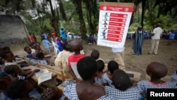 A man shows students a poster on the symptoms of Ebola during a United Nations Children's Fund (UNICEF) Ebola awareness drive in Gueupleu, Man, western Ivory Coast, Nov. 3, 2014. 