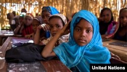 FILE - Young girls attend a math class in January 2014 at a school in Niger's Diffa region, where more than half of the students are Nigerians who have been displaced by fighting.