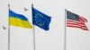 State flags of Ukraine, European Union and the United States flutter in central Kyiv, December 6, 2021. (Gleb Garanich/REUTERS)