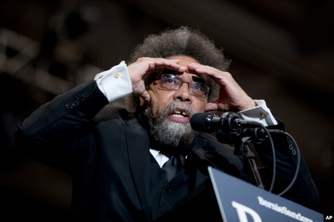 FILE - Cornel West speaks at a campaign rally for Democratic presidential candidate Sen. Bernie Sanders, I-Vt., at the Whittemore Center Arena at the University of New Hampshire, Feb. 10, 2020, in Durham, N.H. (AP Photo/Andrew Harnik)