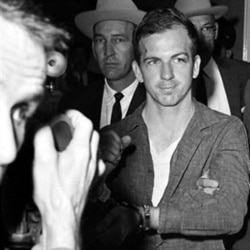 Lee Harvey Oswald at police headquarters in Dallas