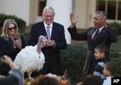 FILE - President Barack Obama with his nephews Aaron Robinson and Austin Robinson, and National Turkey Federation Chairman John Reicks, pardons the National Thanksgiving Turkey, Tot, Wednesday, Nov. 23, 2016