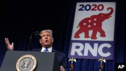 President Donald Trump speaks on stage during the first day of the Republican National Committee convention, Monday, Aug. 24, 2020, in Charlotte. (AP Photo/Evan Vucci)