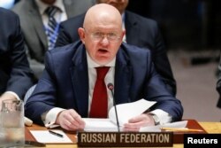 Russian Ambassador to the United Nations Vassily Nebenzia speaks during an emergency Security Council meeting on Syria at U.N. headquarters in New York, April 14, 2018.