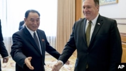 Ngoại trưởng Mỹ Mike Pompeo (phải) và người đồng nhiệm Triều Tiên Kim Yong Chol.