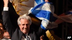 Presidential candidate for the ruling Broad Front party Tabare Vazquez celebrates in Montevideo, Uruguay, Nov. 30, 2014.