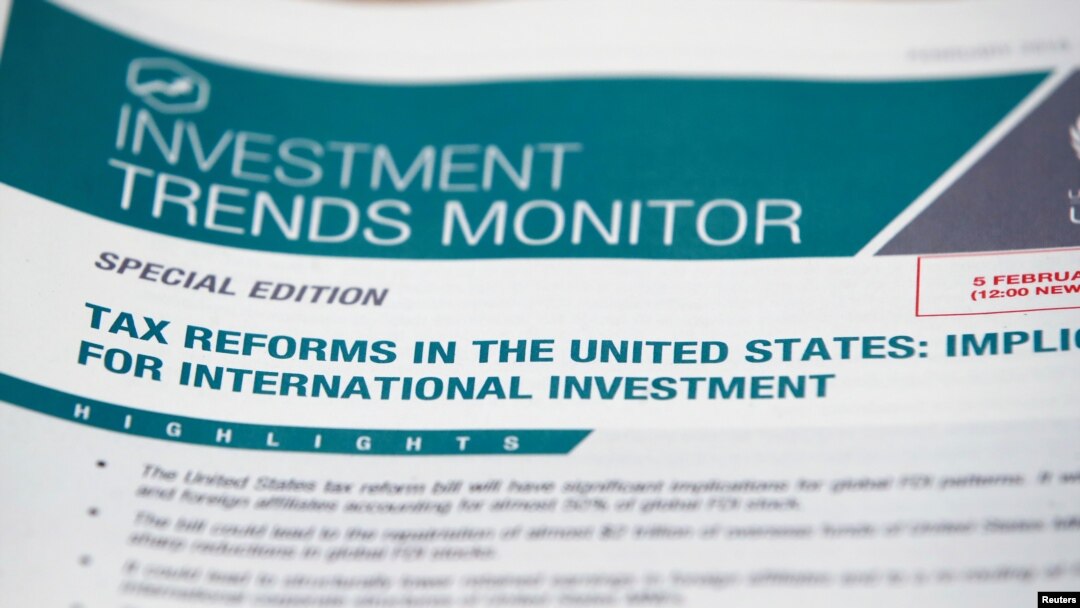 A press release on tax reform in the U.S. is pictured during a press conference of the United Nations Conference on Trade and Development (UNCTAD) in Geneva, Switzerland, Feb. 5, 2018. 