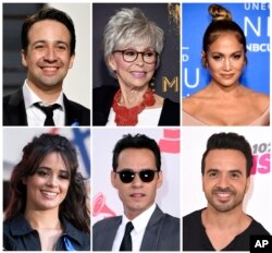 FILE - Lin-Manuel Miranda, top row from left, Rita Moreno, Jennifer Lopez, and bottom row from left, Camilla Cabello, Marc Anthony and Luis Fonsi are a few of the musicians who participated in the new original song, "Almost Like Praying” to help raise money for Puerto Rican hurricane relief.