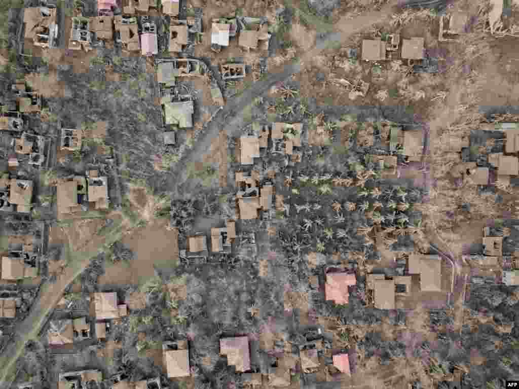 An aerial view shows the landscape of Buso Buso, Philippines, covered in ash following the eruption Taal volcano.