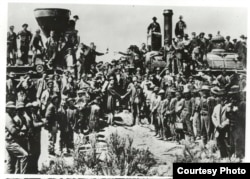 The photo of the celebration of the completion of the Transcontinental Railroad in 1869 that inspired Jean Chen to work toward the creation of a Chinese New Year stamp. (National Archives, Records of Office of Sec of Ag)