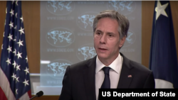 US Secretary of State Antony Blinken gives his first news conference on Jan. 27, 2021, at the State Department, one day after being sworn in.