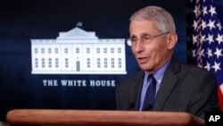 FILE - Dr. Anthony Fauci, director of the National Institute of Allergy and Infectious Diseases, speaks about the coronavirus in the James Brady Press Briefing Room at the White House, Monday, April 13, 2020, in Washington. 