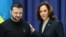 El presidente ucraniano Volodymyr Zelensky y la vicepresidenta estadounidense Kamala Harris sonríen durante una conferencia de prensa en Munich, Alemania, este sábado 17 de febrero.