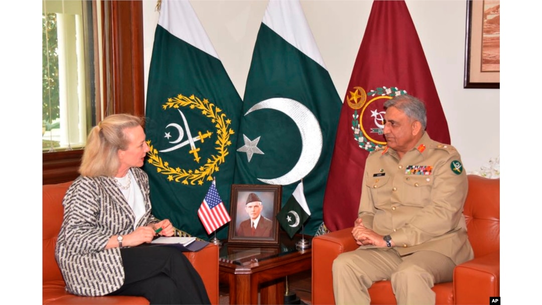 Alice Wells, U.S. deputy assistant secretary of state, meets with Pakistani army chief Gen. Qamar Javed Bajwa to discuss how to ensure peace in Afghanistan following a recent cease-fire between the Taliban and Kabul, in Rawalpindi, Pakistan, July 3, 2018.