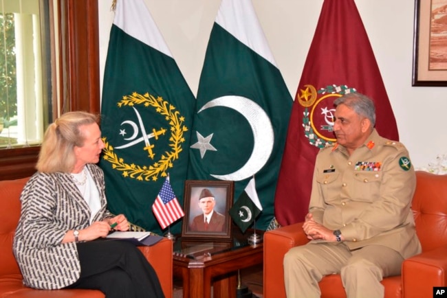 Alice Wells, U.S. deputy assistant secretary of state, meets with Pakistani army chief Gen. Qamar Javed Bajwa to discuss how to ensure peace in Afghanistan following a recent cease-fire between the Taliban and Kabul, in Rawalpindi, Pakistan, July 3, 2018.