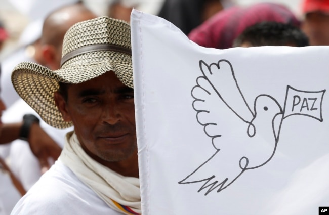 FILE - A rebel of the Revolutionary Armed Forces of Colombia, FARC, waves a white peace flag during an act to commemorate the completion of their disarmament process in Buenavista, Colombia, June 27, 2017.