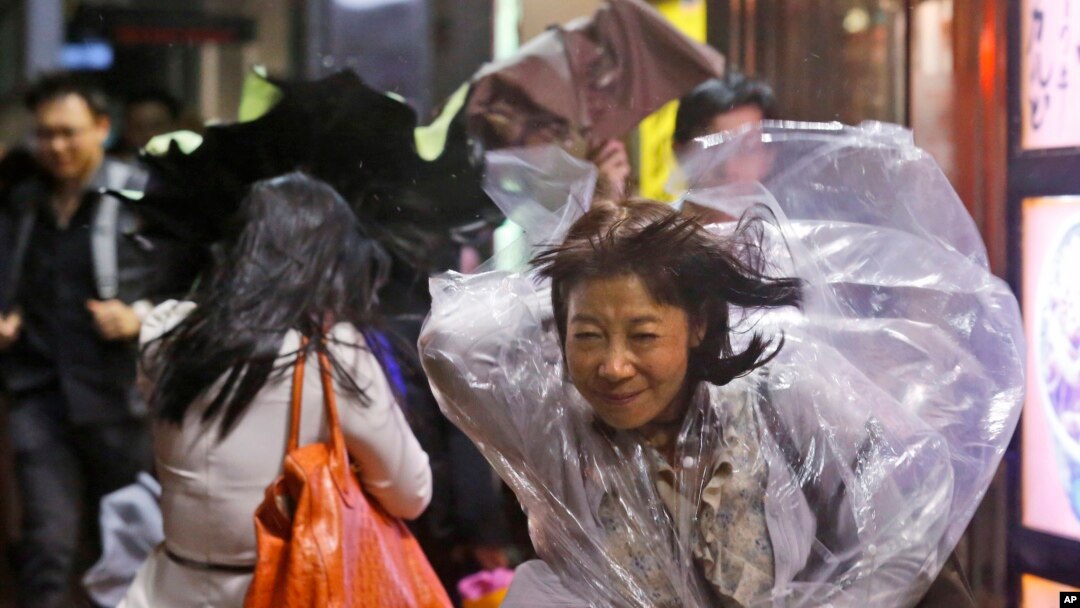 Warga Hong Kong menghadang angin kencang (15/9). (AP/Kin Cheung)