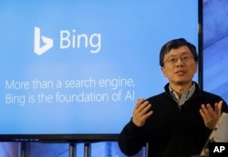 Harry Shum, executive vice president of Microsoft's Artificial Intelligence and Research, speaks at a Microsoft event in San Francisco, California, Dec. 13, 2017.