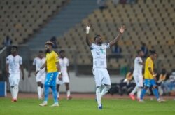 Ghana's Daniel Amartey celebrates a goal scored by captain Andre Ayew, during a match between Gabon and Ghana at the Ahmadou Ahidjo stadium in Yaounde, Jan. 14, 2022.