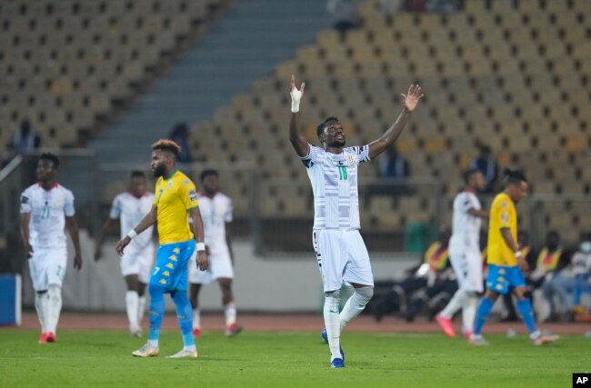 Ghana's Daniel Amartey celebrates a goal scored by captain Andre Ayew, during a match between Gabon and Ghana at the Ahmadou Ahidjo stadium in Yaounde, Jan. 14, 2022.