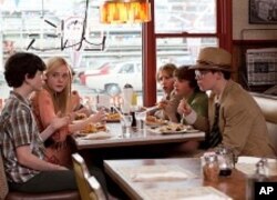 Left to right: Zach Millsl plays Preston, Elle Fanning plays Alice Dainard, Riley Griffiths plays Charles, Ryan Lee plays Cary, Joel Courtney plays Joe Lamb and Gabriel Basso plays Martin in SUPER 8, from Paramount Pictures.