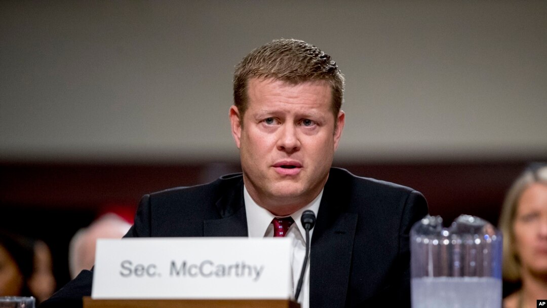 FILE - Ryan McCarthy, the Secretary of the Army, speaks during his Senate Armed Services Committee confirmation hearing, Sept. 12, 2019, in Washington.