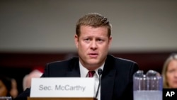 FILE - Ryan McCarthy, the Secretary of the Army, speaks during his Senate Armed Services Committee confirmation hearing, Sept. 12, 2019, in Washington.