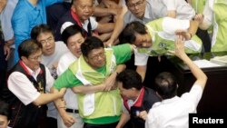 Anggota perlemen dari partai Demokrat (DPP) (mengenakan rompi hijau) terlibat perkelahian dengan anggota dari partai Nasionalis yang berkuasa (KMT) (mengenakan jaket hitam) di gedung legislatif, Taipei (2/8) sesaat sebelum pemungutan suara terkait referendum RUU pembangunan PLTN.