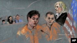 In this courtroom sketch, defendants Dias Kadyrbayev, left, and Azamat Tazhayakov appear before Magistrate Judge Marianne Bowler, Aug. 13, 2013 in Federal court in Boston. 