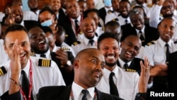 Pilots of Kenya Airways strike, near the Jomo Kenyatta International Airport in Nairobi