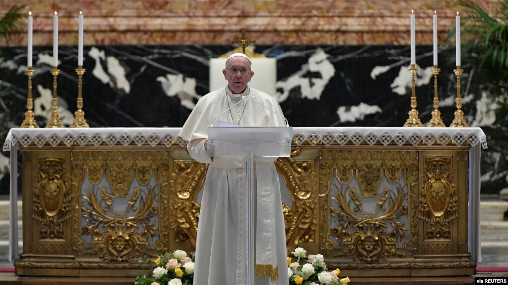 Pope Francis delivers his Urbi et Orbi blessing, after celebrating Easter Sunday Mass at St. Peter's Basilica at the Vatican, Apr. 4, 2021. (Vatican Media/­Handout via Reuters) 
