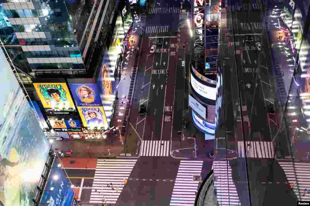 An aerial view shows an empty Times Square following the outbreak of coronavirus, in New York City, March 18, 2020.