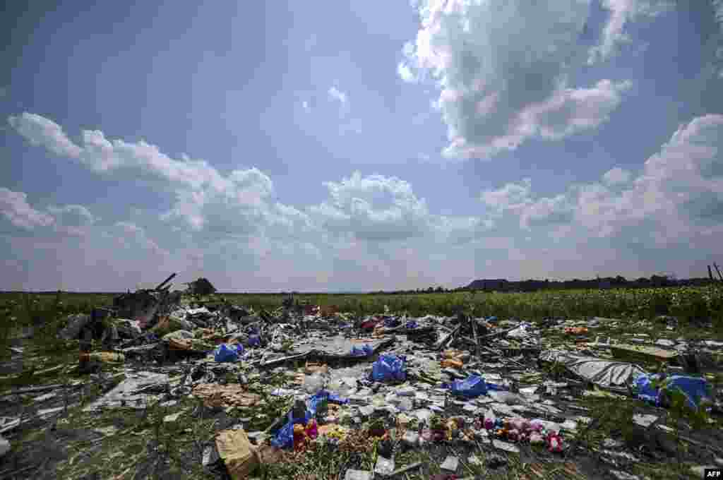 The crash site of the downed Malaysia Airlines flight MH17 in a field near the village of Grabove in the Donetsk region, Ukraine, July 23, 2014.