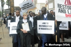 FILE: Lawyers are seen outside the Constitutional Court after they presented a petition to the country’s chief justice Luke Malaba’s office in Harare, Zimbabwe, Jan. 29, 2019.