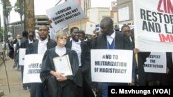 Lawyers are seen outside the Constitutional Court after they presented a petition to the country’s chief justice Luke Malaba’s office in Harare, Zimbabwe, Jan. 29, 2019.