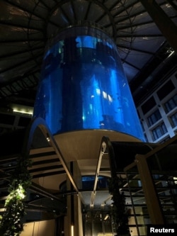 World's largest freestanding cylindrical aquarium bursts in Berlin