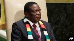 UMongameli Emmerson Dambudzo Mnangagwa usemhlanganweni weUnited Nations General Assembly eNew York, September 26, 2018. (AP Photo/Frank Franklin II)