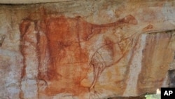 This undated archaeologist Ben Gunn handout photo received on May 31, 2010 shows an Aboriginal rock painting found in Australia's Arnhem Land; The red ochre painting shows two emu-like birds with their necks outstretched which are believed to show the meg