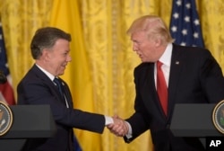 El presidente Donald Trump y el presidente de Colombia Juan Manuel Santos durante la visita oficial del mandatario latinoamericano a la Casa Blanca en mayo 18, 2017.