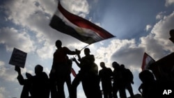 Anti-government protesters hold an Egyptian flag during demonstrations in Tahrir Square in downtown Cairo, Egypt, Feb. 8, 2011