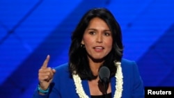 FILE - U.S. Representative Tulsi Gabbard of Hawaii delivers a nomination speech for Senator Bernie Sanders on the second day at the Democratic National Convention in Philadelphia, Pennsylvania, July 26, 2016.