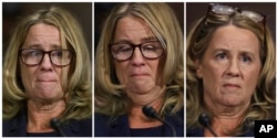 In this photo combination, Christine Blasey Ford testifies before the Senate Judiciary Committee, Sept. 27, 2018 in Washington.