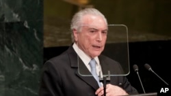 Michel Temer, president of Brazil, speaks during the 71st session of the U.N. General Assembly at U.N. headquarters, Sept. 20, 2016. 