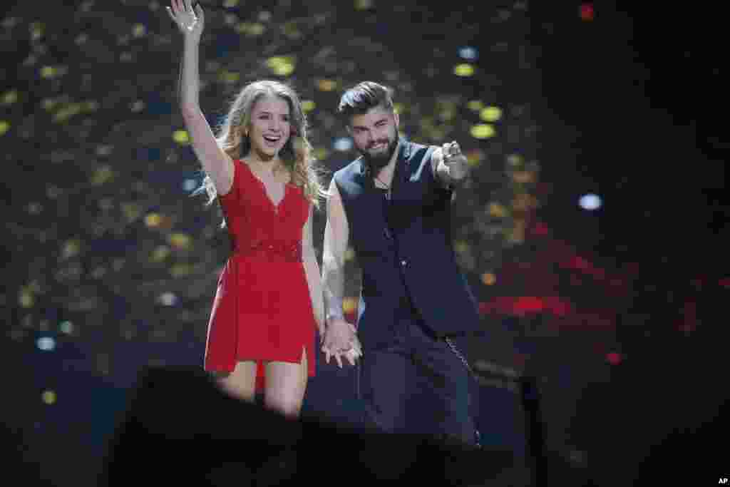 Ilinca featuring Alex Florea from Romania are introduced during the Final for the Eurovision Song Contest, in Kyiv, Ukraine, May 13, 2017.