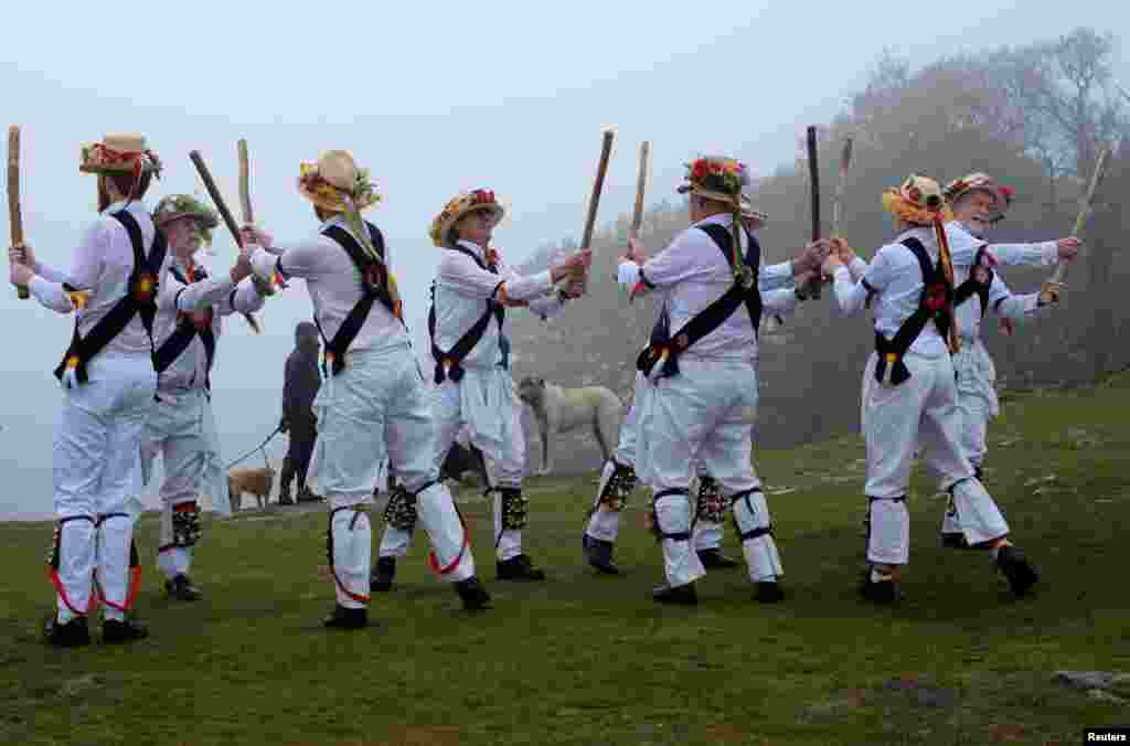 Leicester Morrismen dance during May Day celebrations at Bradgate Park in Newtown Linford, Britain.