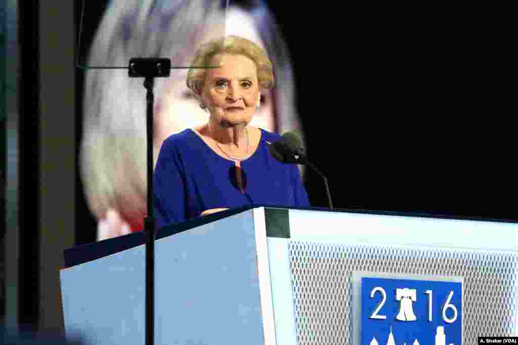 Former U.S. Secretary of State Madeleine Albright addresses the crowd at the Wells Fargo Arena in Philadelphia on day two of the Democratic National Convention, July 26, 2016 (A. Shaker/VOA)
