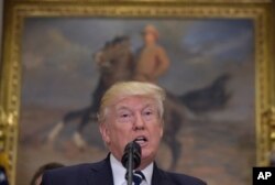 President Donald Trump speaks about the shooting of House Majority Whip Steve Scales at a baseball practice, June 15, 2017, in the Roosevelt Room of the White House in Washington.