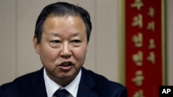 Jang Il Hun, ambassador of the Permanent Mission of the Democratic People's Republic of Korea to the United Nations, speaks during a new conference at the DPRK mission in New York, July 28, 2015. 