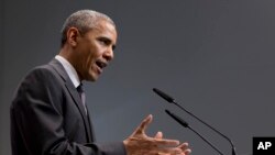 Presiden AS Barack Obama berbicara dalam konferensi pers KTT G7 di Garmisch-Partenkirchen, Jerman selatan (8/6). (AP/Carolyn Kaster)